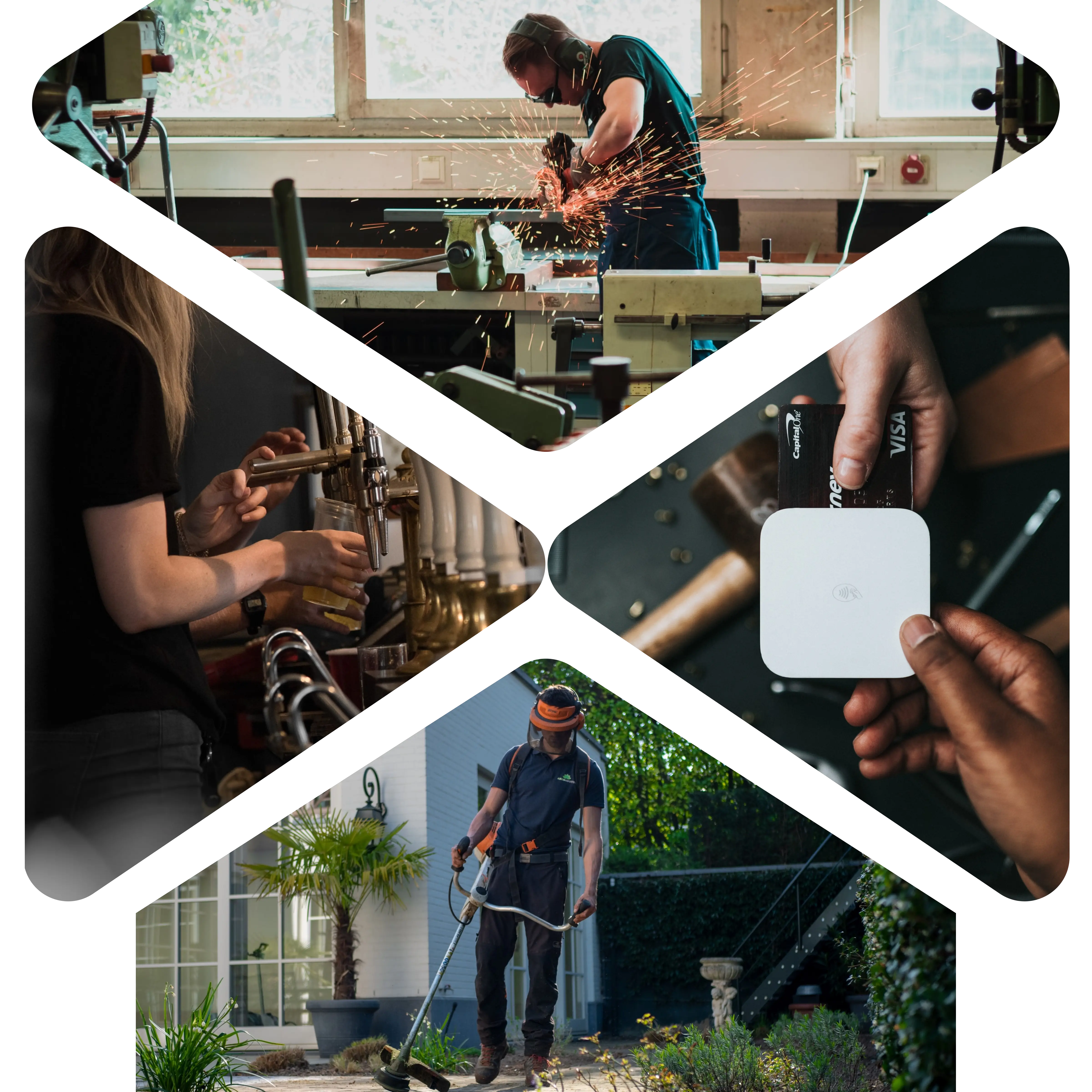 collage of workers - machinist, bartender, payment taker, landscaper