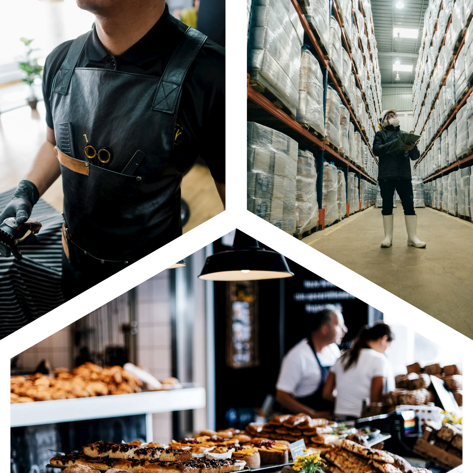 collage of workers - barber, warehouse inspector, pattesier