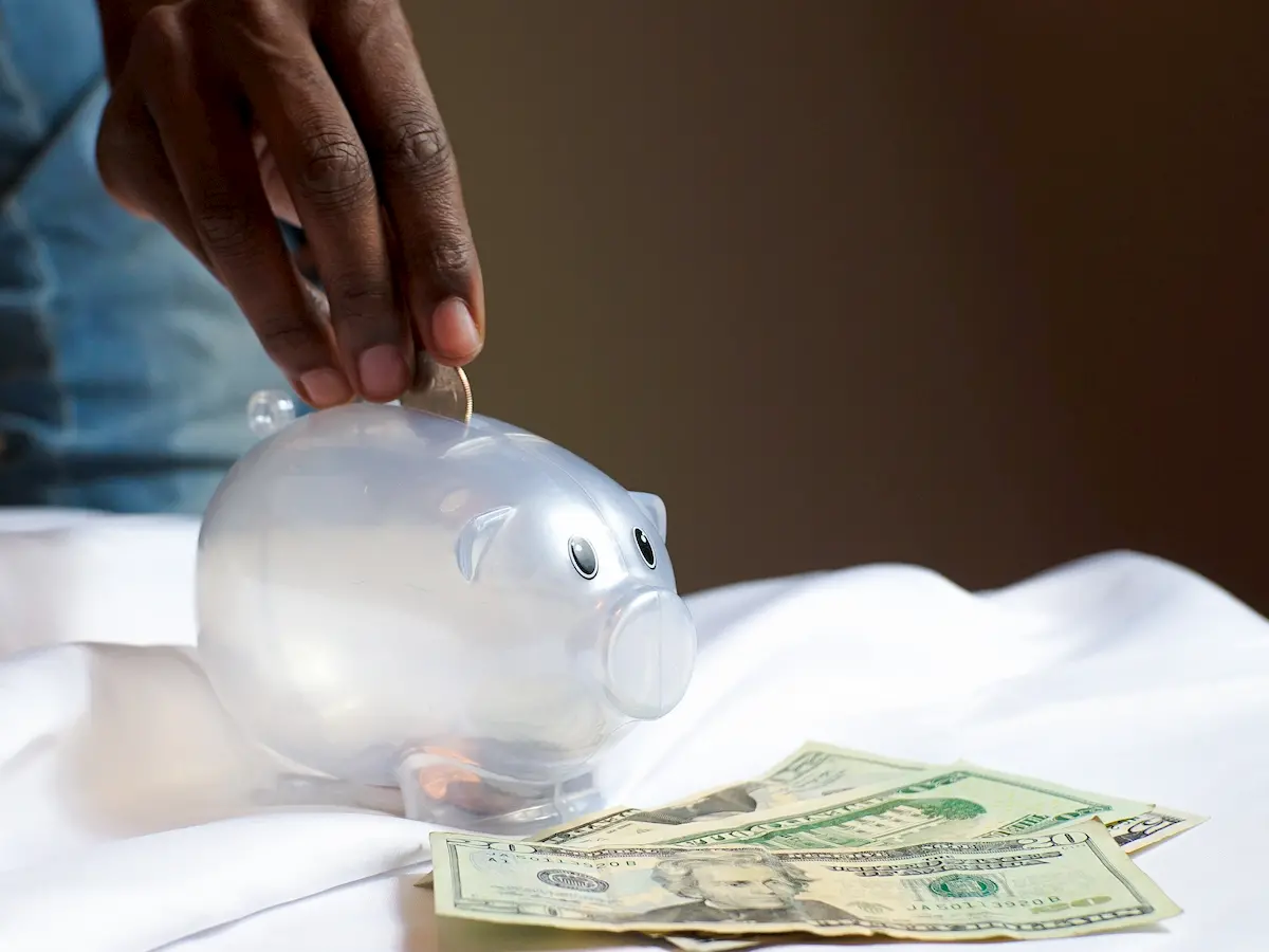 decorative. Hand placing money into piggy bank