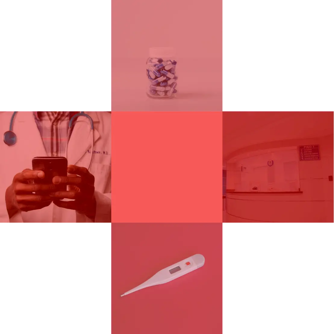 collage of medical services in cross with red overlay